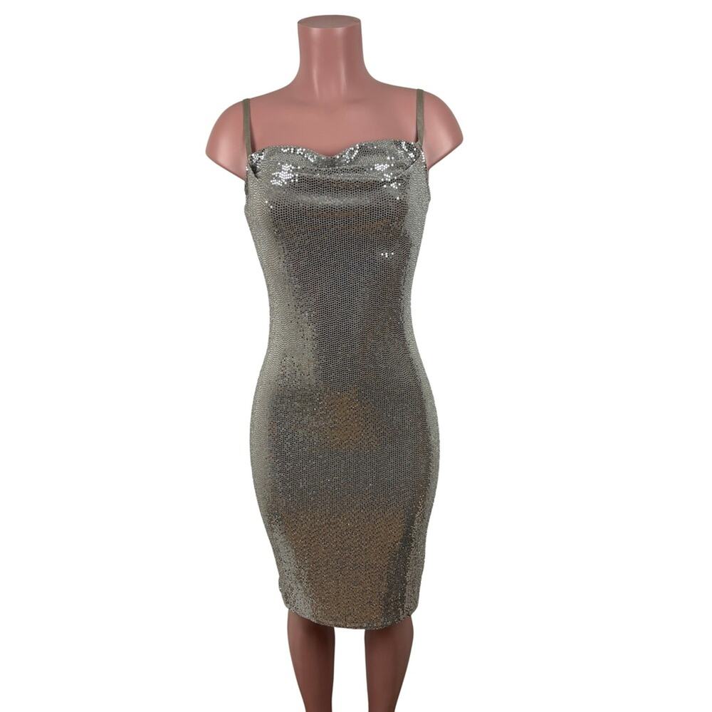 Bebe Sequin Bodycon Dress Cowl Neck Metallic Shimmer Small USA Y2K HOCO club